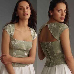 Reformation Cora Floral Linen Top Green Sz 12